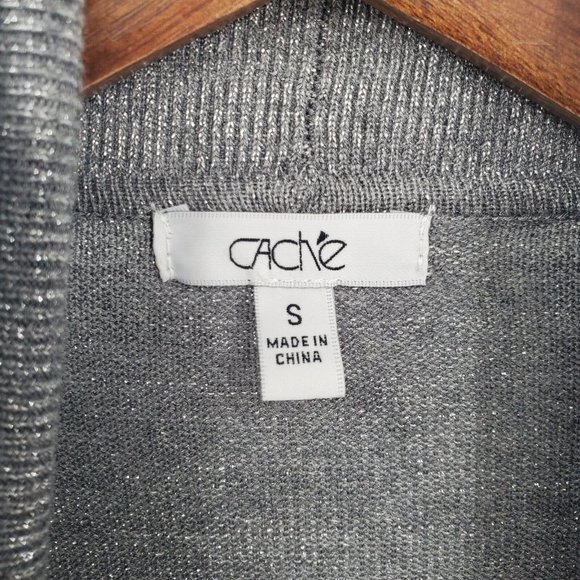 Gray Metallic Knit Cardigan Sweater Women Size S Open Front Stretch Career Cache - Picture 5 of 11